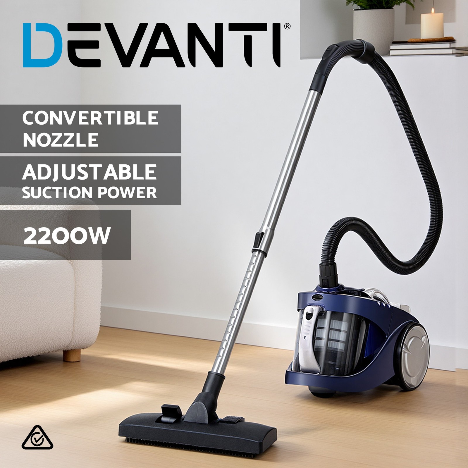 Devanti Bagless Vacuum Cleaner VAC-008-BL 2200W Multi-cyclonic HEPA Blue Cord