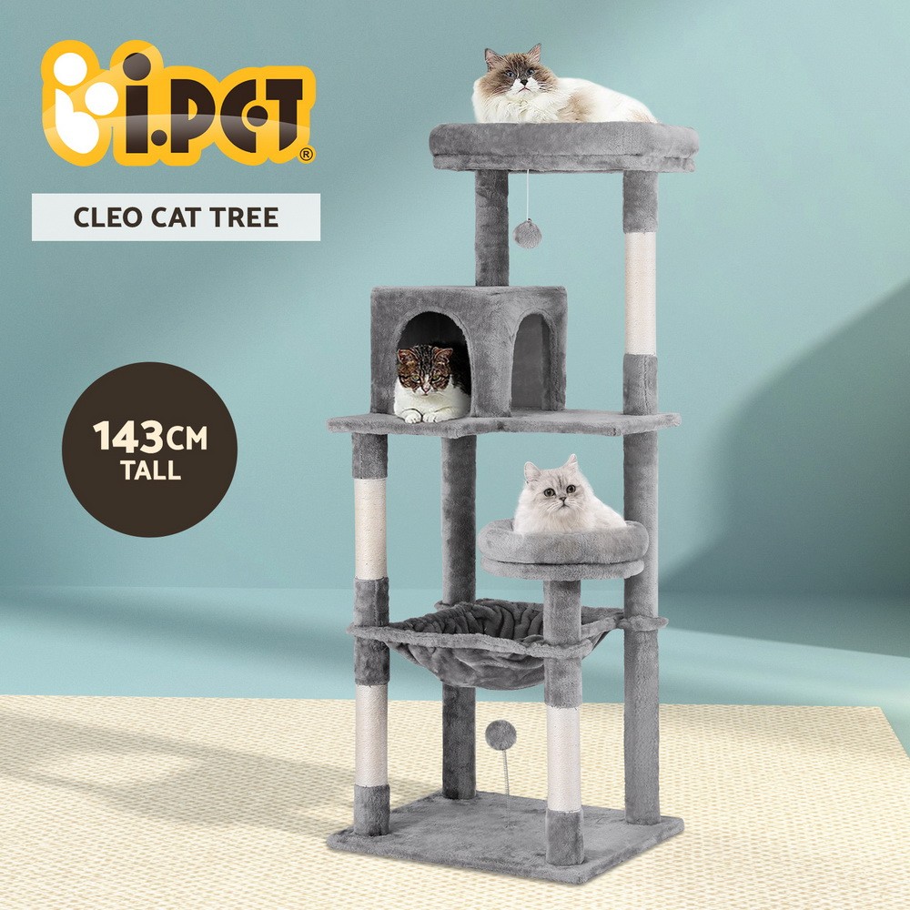 i.Pet Cat Tree Tower Scratching Post 143cm Multi-level Plush Grey Bed Cubicle
