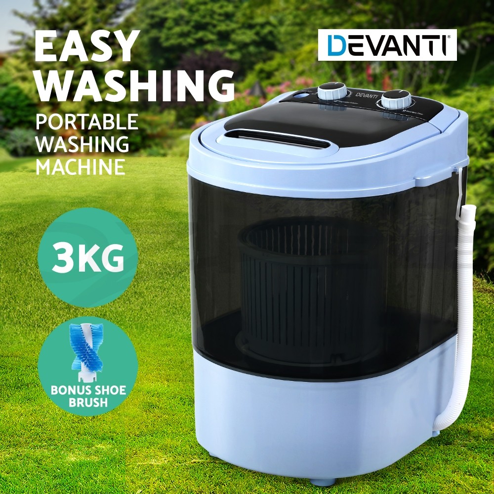 Devanti 3KG Portable Washing Machine PWMS30BK 2 In 1 Wash Spin Dry Shoes Caravan