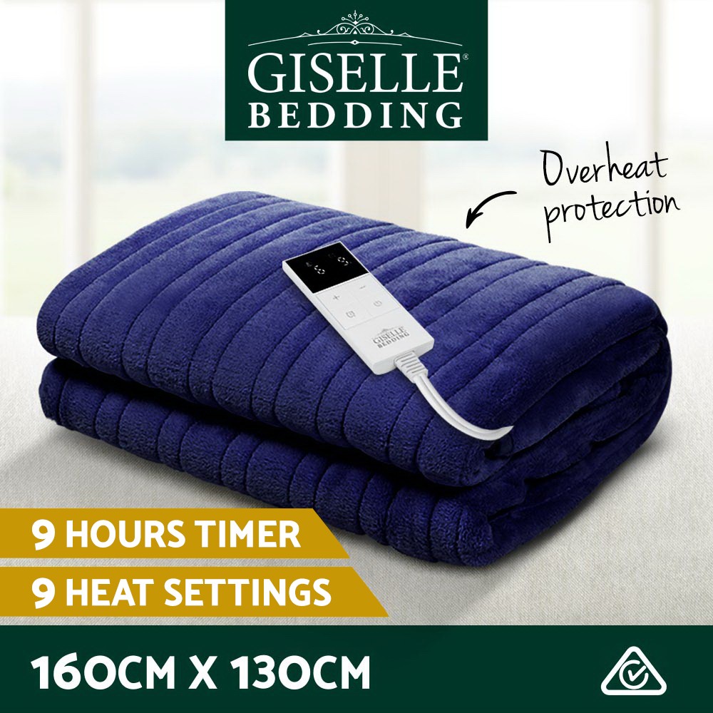 Giselle Bedding Electric Heated Throw Rug Blanket Fleece 160x130cm Navy Blue