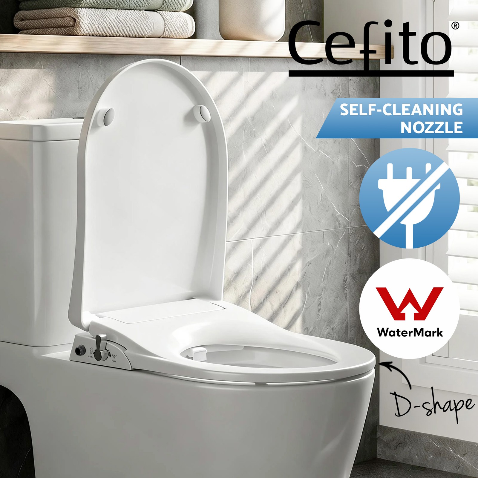 Cefito Bidet Seat Non Electric White D-Shape Dual Nozzle Soft Close WaterMark