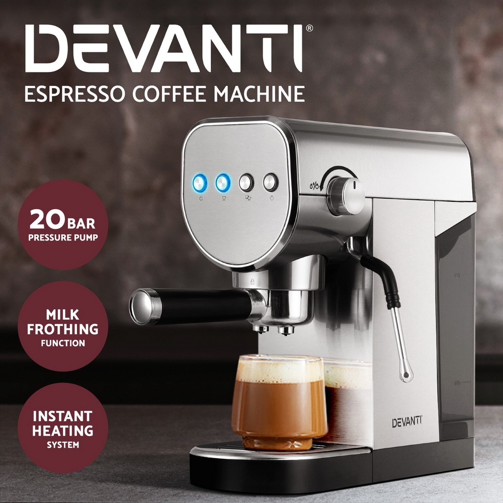 Devanti Espresso Coffee Machine 20 Bar Milk Frother Stainless steel 0.9L Metal