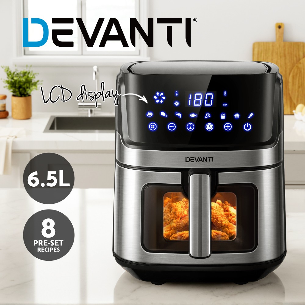 Devanti Air Fryer 6.5L LCD 1700W Silver Non-stick Dishwasher-safe 8 Programs