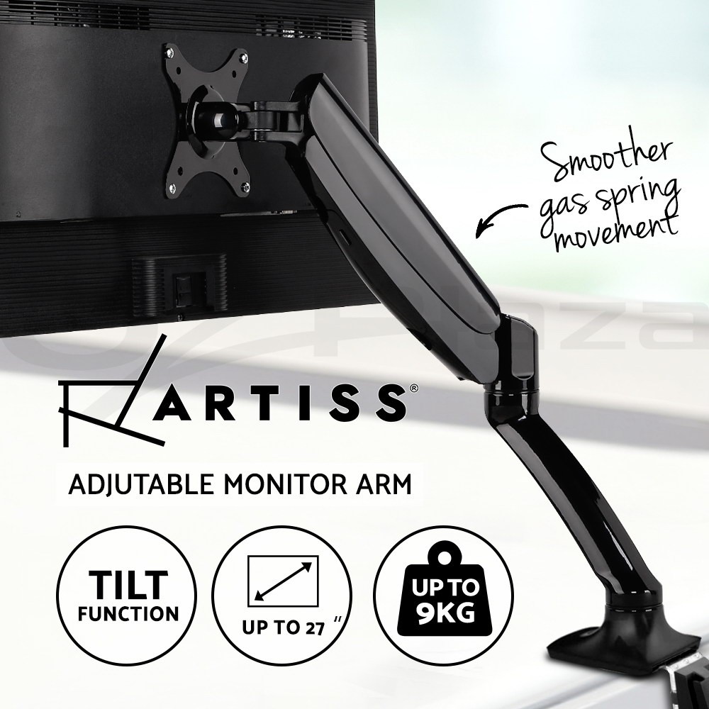 Artiss Single Monitor Arm Gas Desk Mount VESA 75x75 Tilt 27 Black 9kg C-clamp