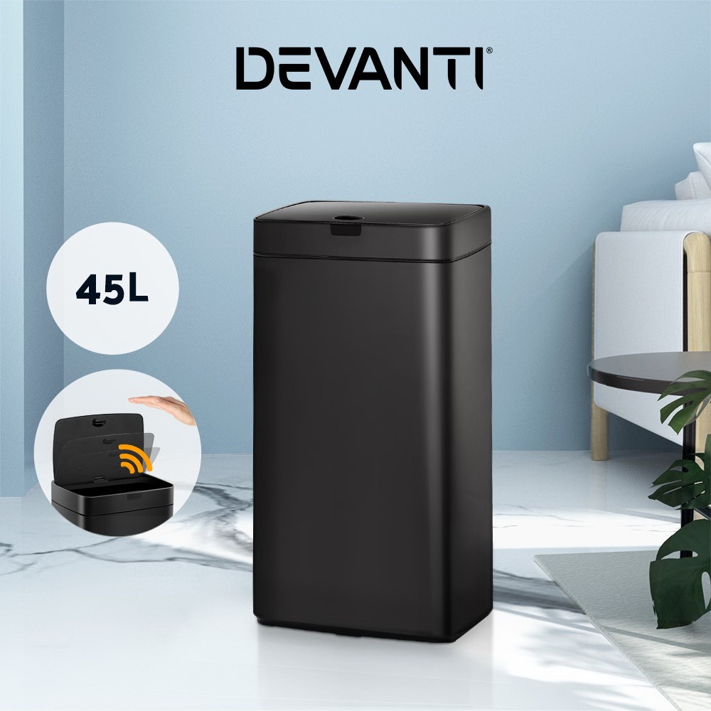 Devanti 45L Motion Sensor Bin Automatic Rubbish Trash Can Black Steel Hands-free