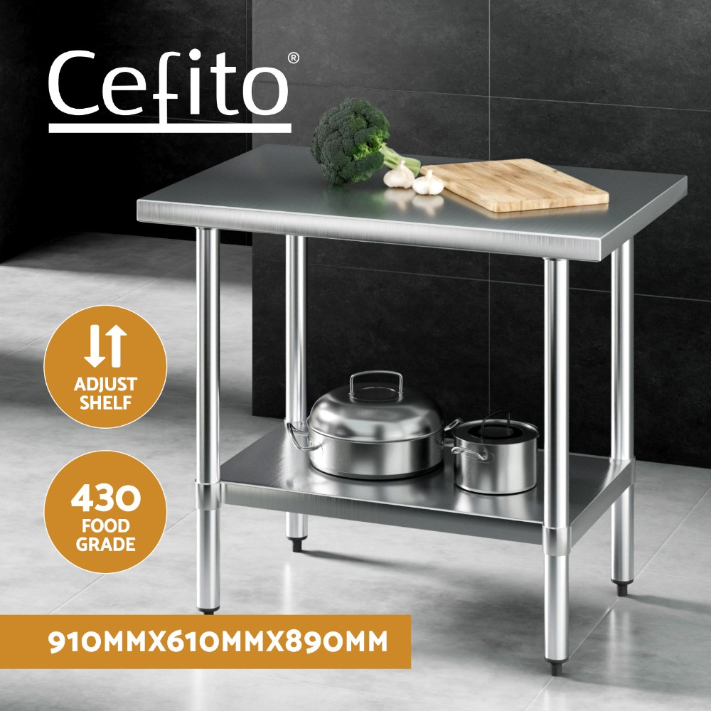 Cefito Stainless Steel Work Bench Food Prep Table 910x610mm 430 Silver 89 cm