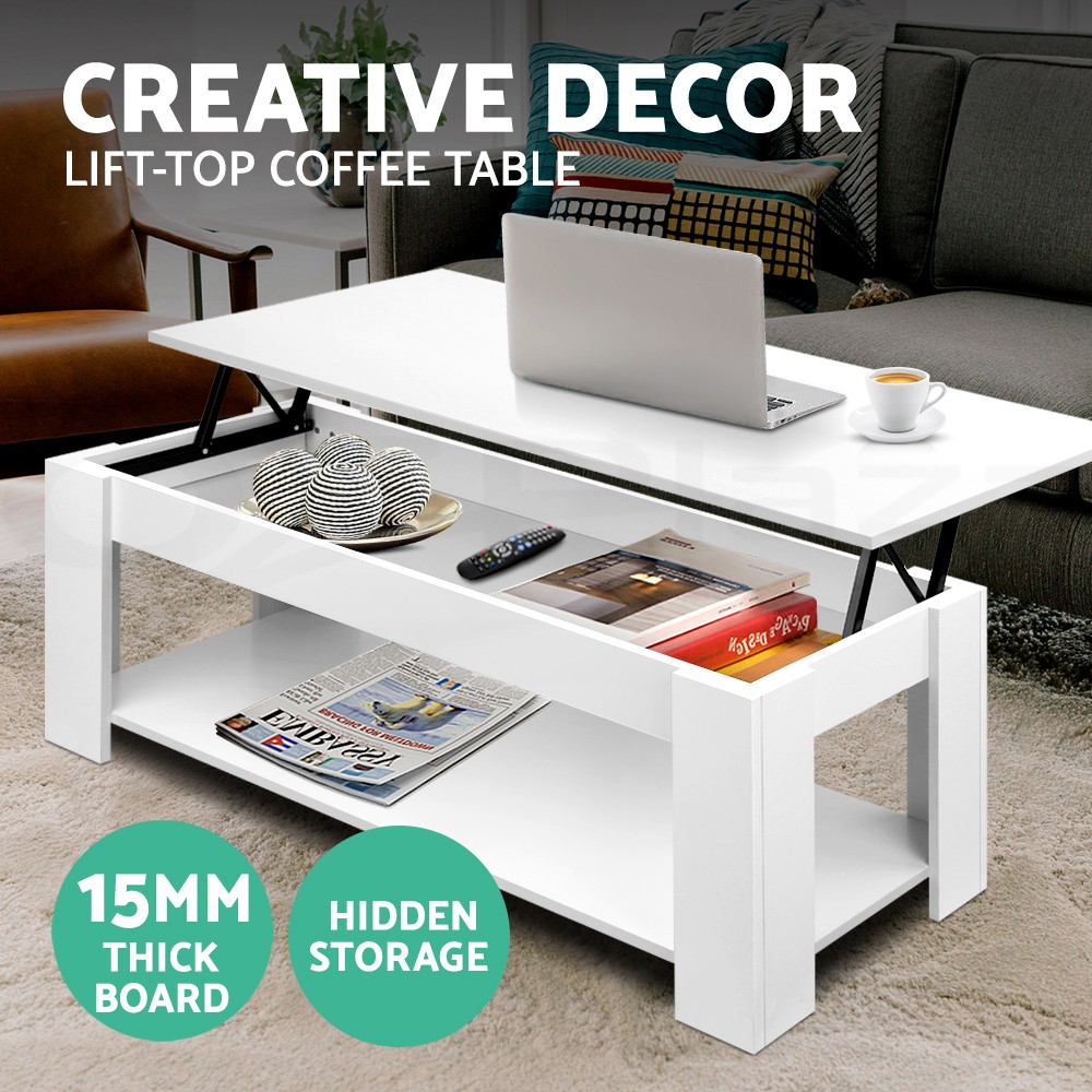 Artiss Lift-Top Coffee Table White Hidden Storage Shelf Laptop Desk Modern Solid