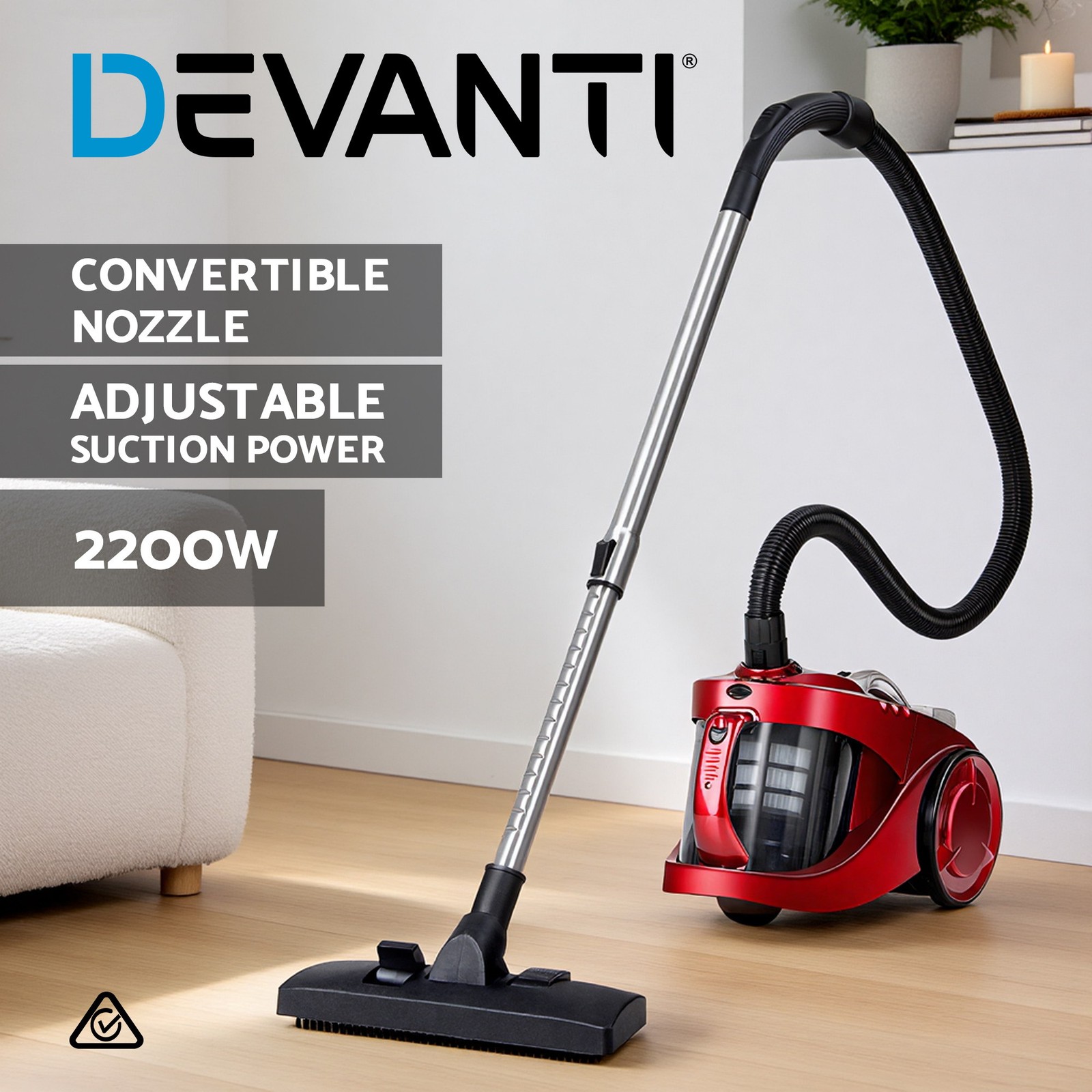 Devanti Bagless Vacuum Cleaner Canister/Cylinder VAC008RD 2200W Multi-cyclonic