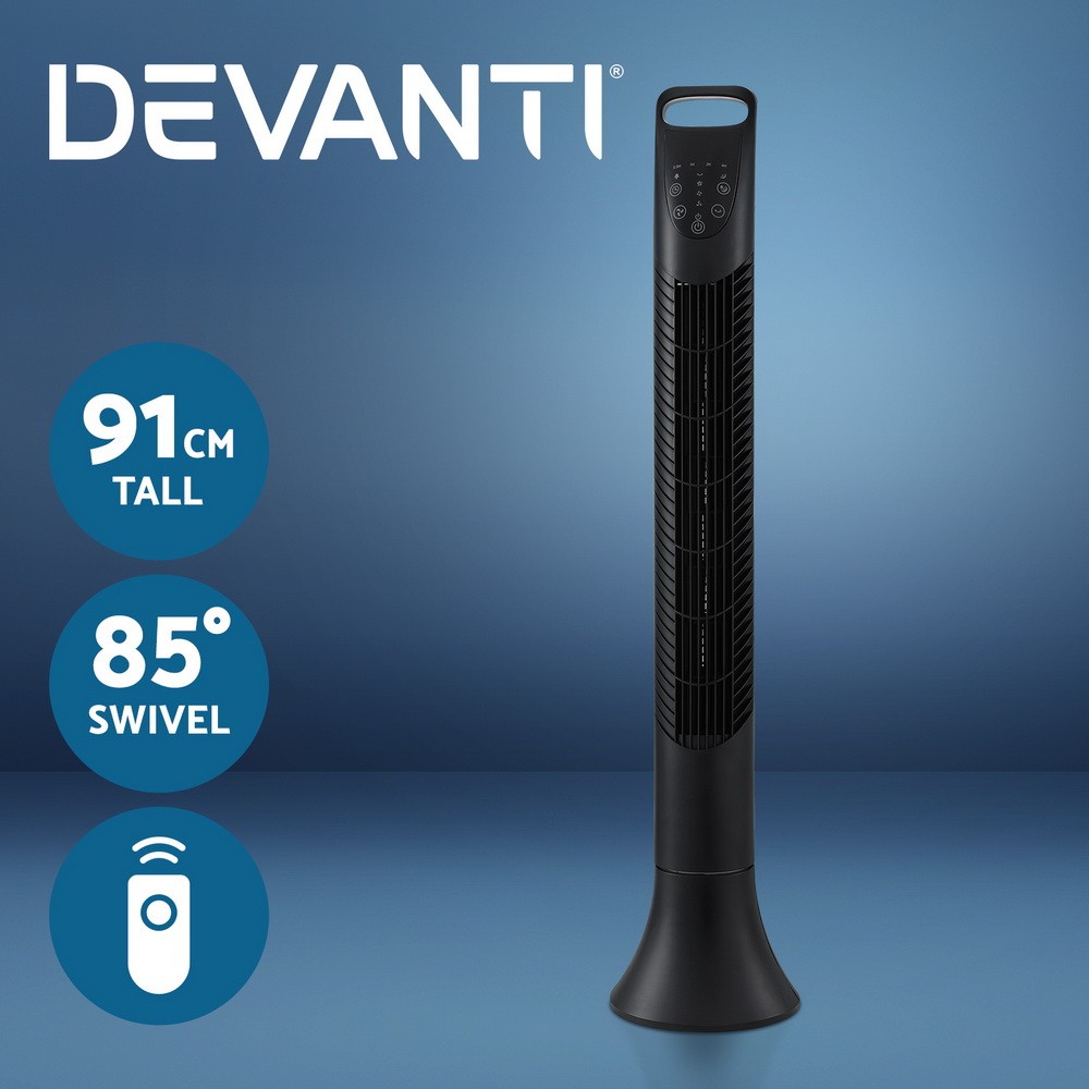 Devanti Tower Fan Oscillating 3 Speeds Remote 91cm Black 40W Timer Slim Portable