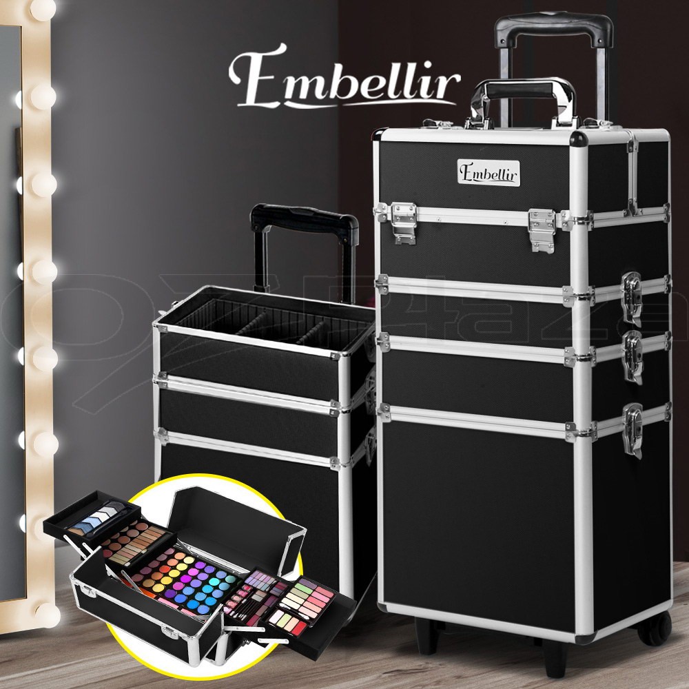 Embellir 7-in-1 Makeup Trolley Aluminium Black Travel four Compartments 8 locks