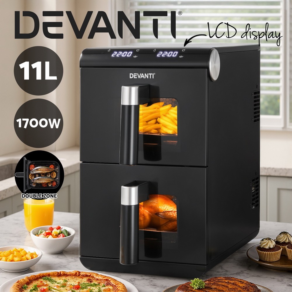 Devanti Air Fryer 11L Dual-Zone LCD Touch 1700W Black 13 Preset Programs 4-in-1