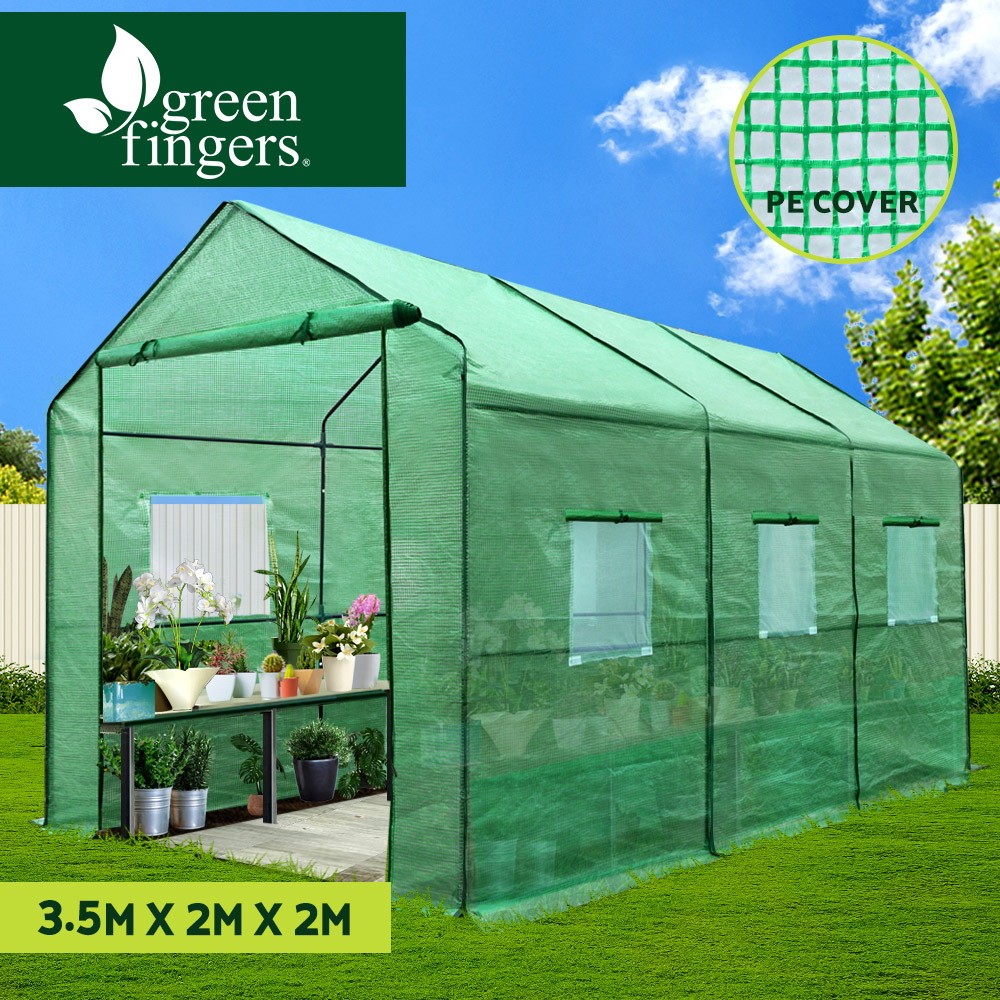 Green Fingers Greenhouse Tunnel 3.5x2x2M Green PE Cover Roll-up Door Six Windows