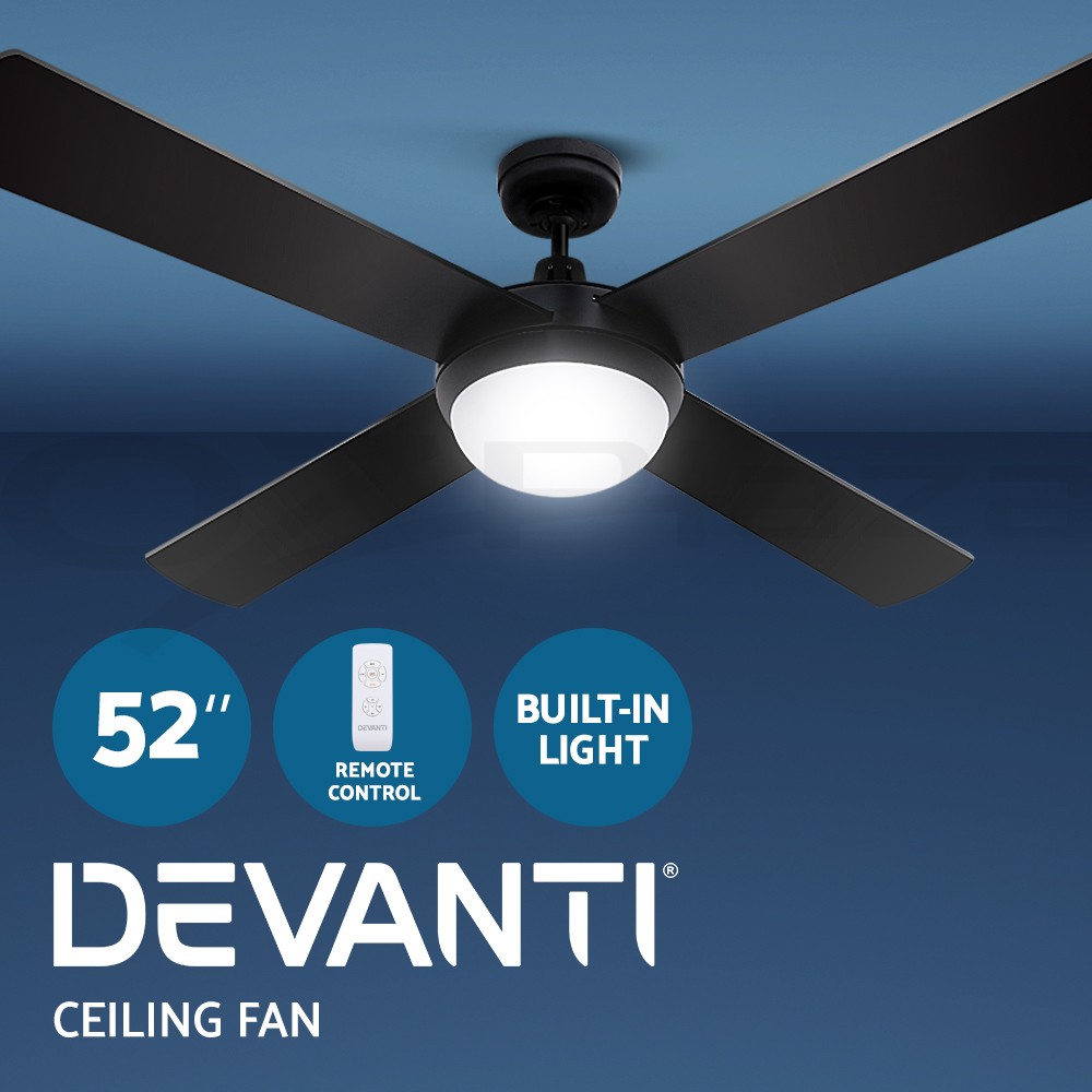 Devanti 52-inch Ceiling Fan LED Light Remote Control 4 Wooden Blades 70W Quiet