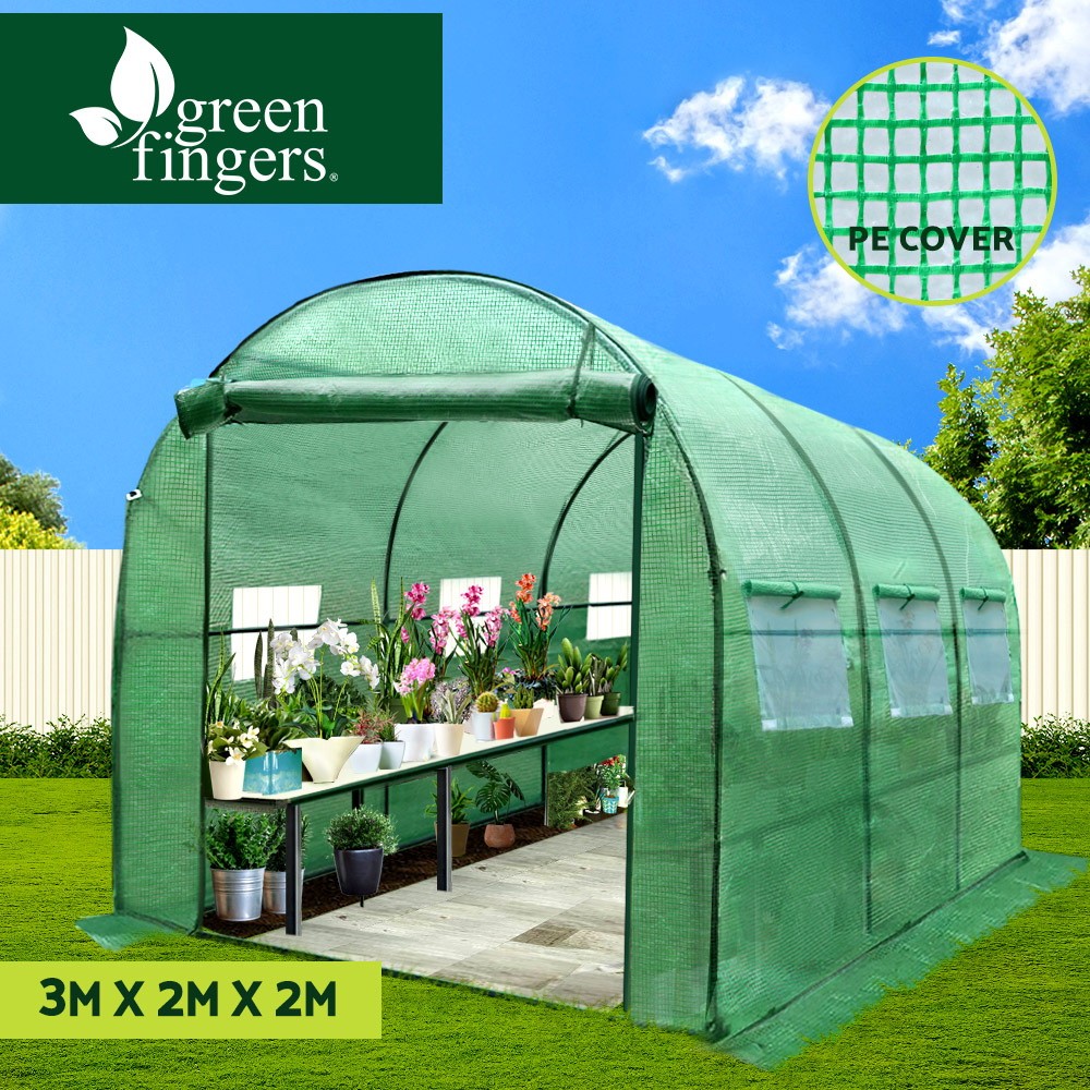 Green Fingers Greenhouse Walk in 3x2x2M PE Cover steel Frame Six mesh windows