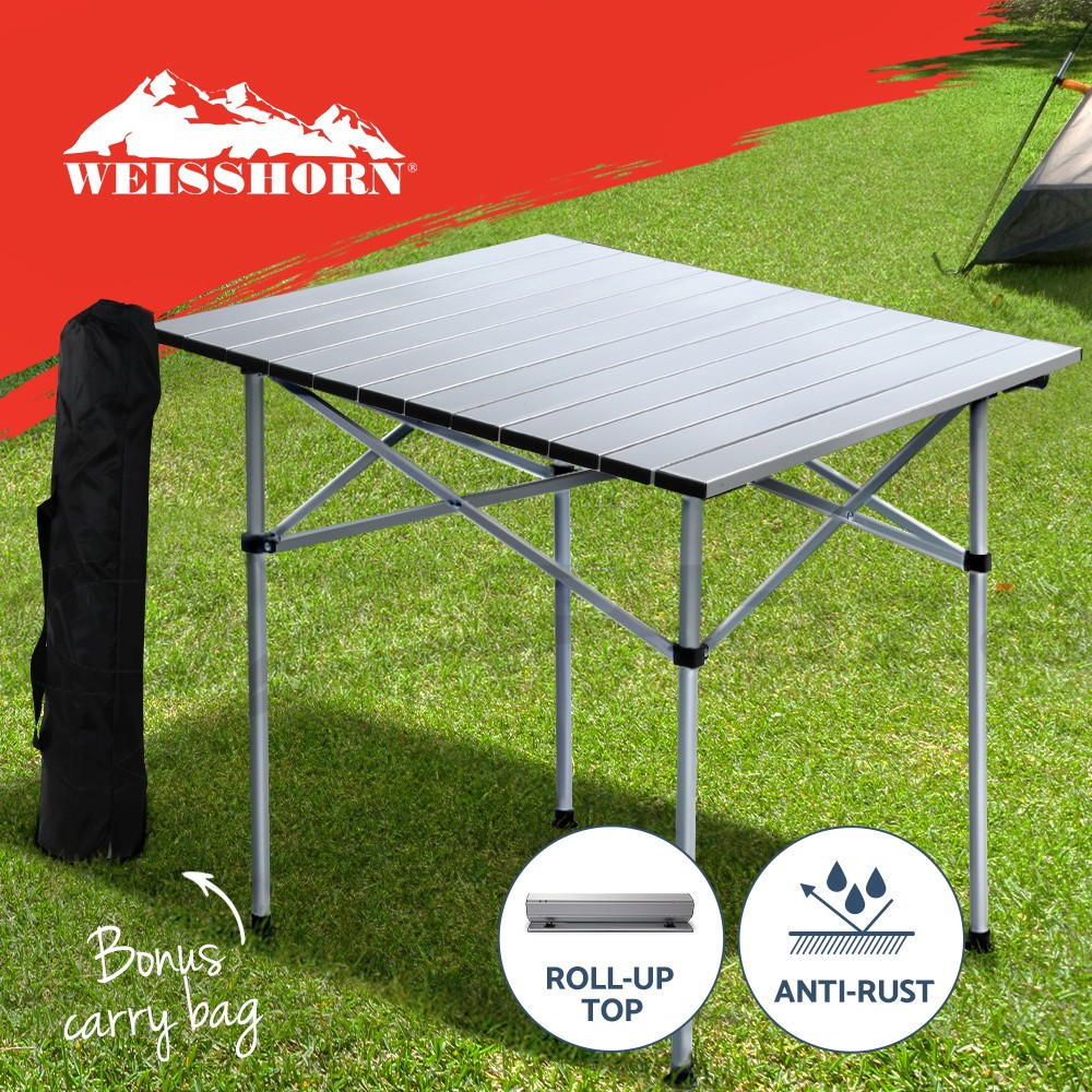 Weisshorn Folding Camping Table Aluminium Roll Up Portable 70CM 30KG Silver