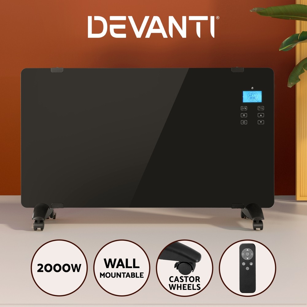 Devanti Convection Heater 2000W Glass Panel Black Wall Mounted Remote Control