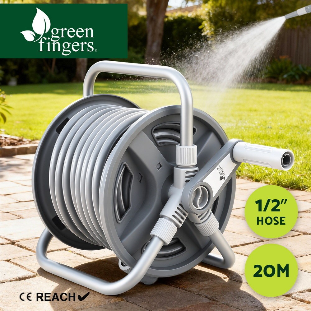 Green Fingers Garden Hose Reel 20m Retractable Heavy Duty Auto Rewind Grey 1/2