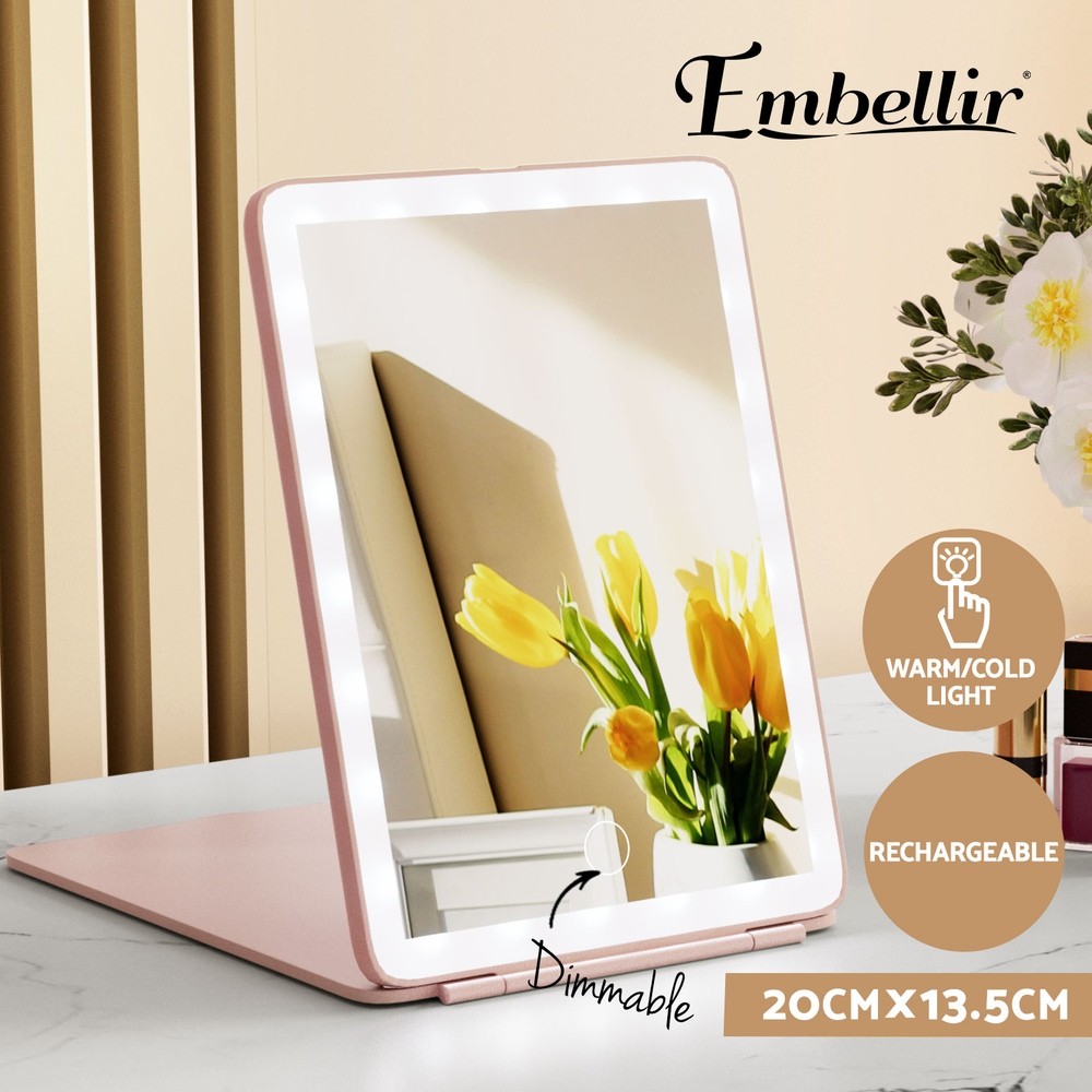 Embellir LED Makeup Mirror Touch Rechargeable Foldable Pink 48 LED bulbs 20cm