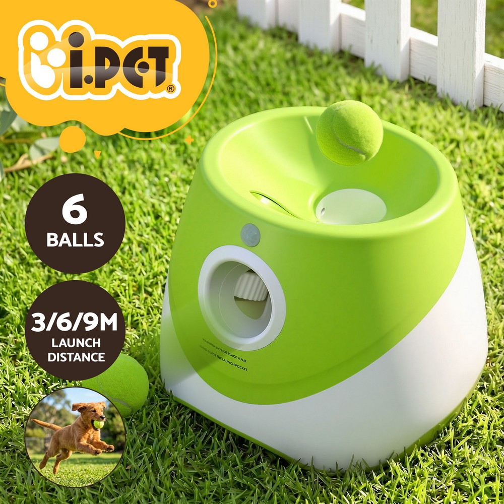 i.Pet Automatic Dog Ball Launcher Rechargeable 6 Tennis Balls 3/6/9m Green