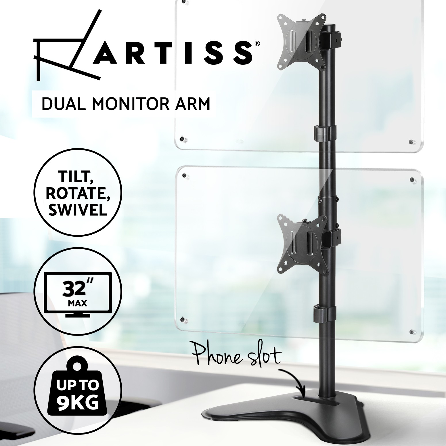 Artiss Dual Monitor Arm Stand Freestanding Adjustable VESA 17-32 Black Steel