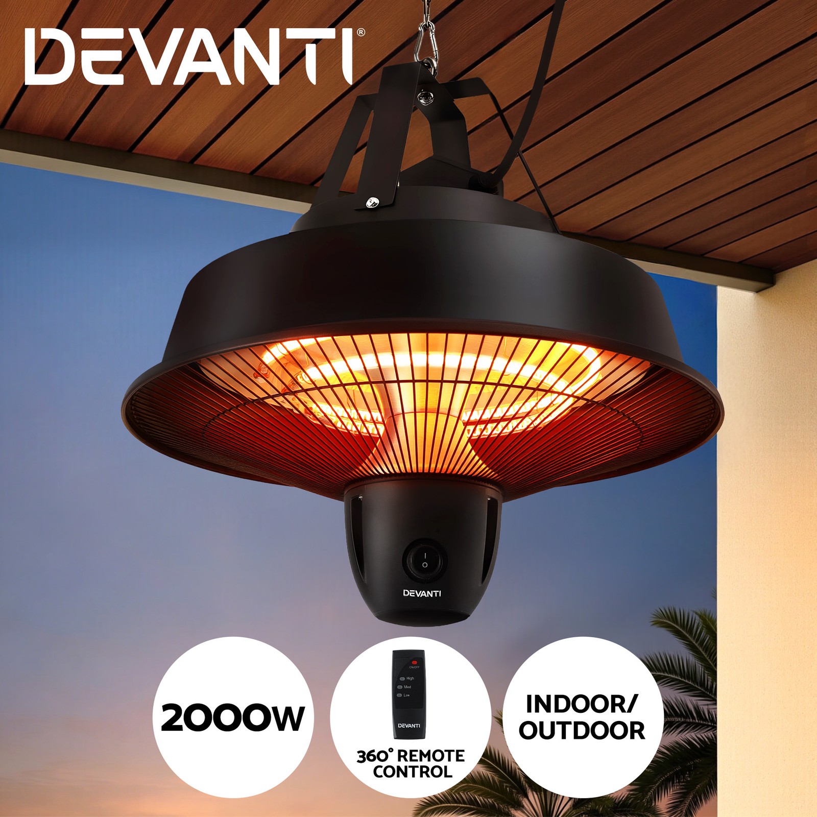 Devanti Infrared 2000W Electric Ceiling Mounted Patio Heater Remote Black IPX4