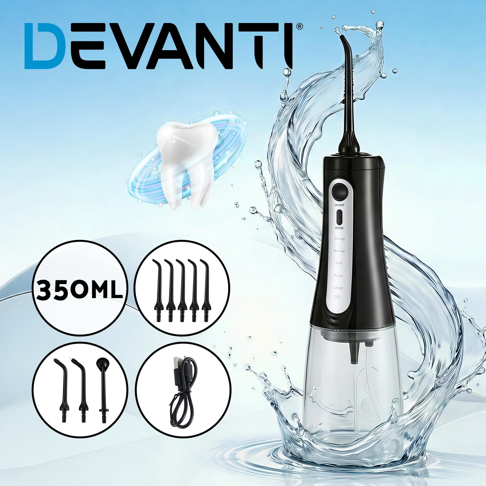 Devanti Water Flosser Oral Irrigator 350ml 5 Modes USB-C Rechargeable Black
