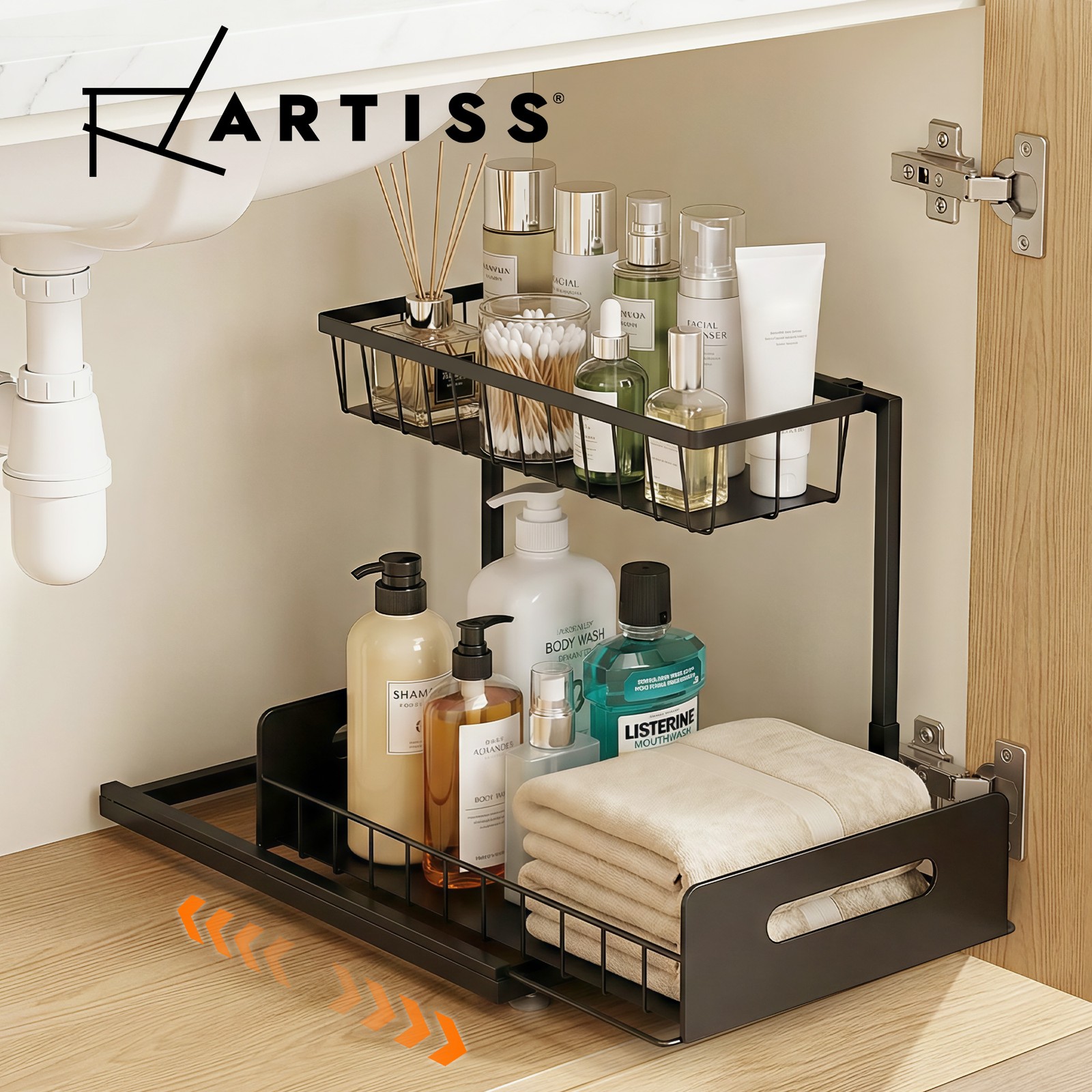 Artiss Kitchen Under Sink L-Shape Organizer Pull-Out two-tier Drawers Iron Black