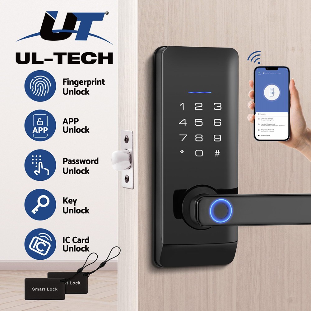 UL-tech Fingerprint Door Lock App Password IC Card Black 35-55MM Wooden Door