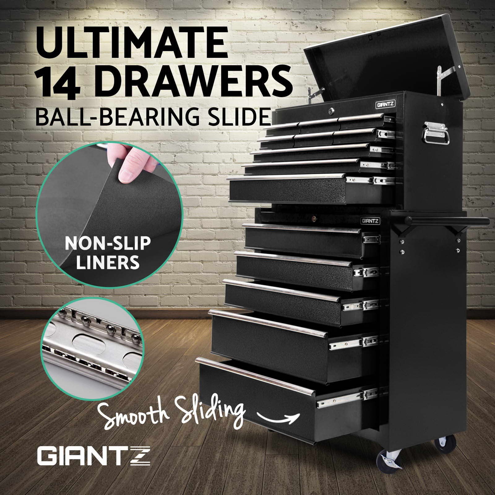 Giantz 14 Drawers Tool Box Trolley Cabinet Black Wheels Ball Bearing Slides