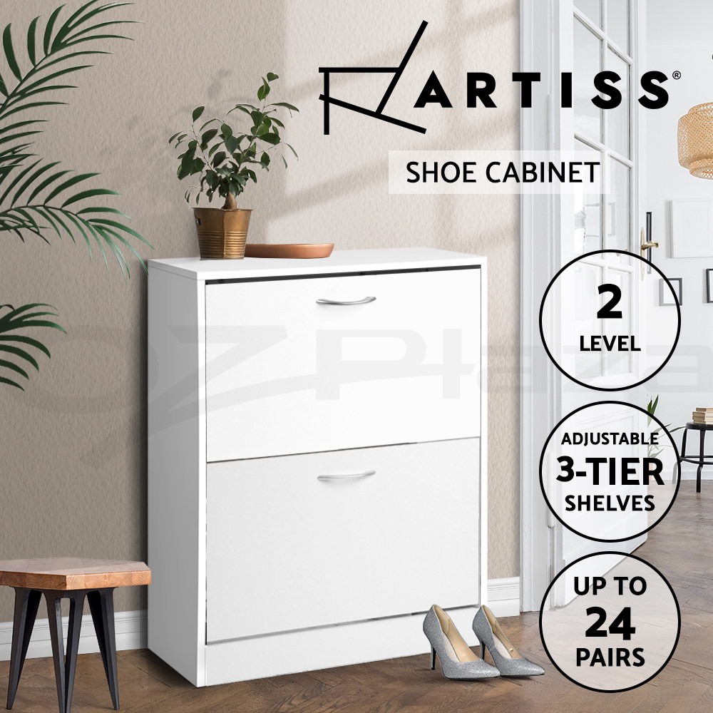 Artiss Shoe Cabinet Storage Organiser White 24 Pairs Adjustable Wooden 84 cm