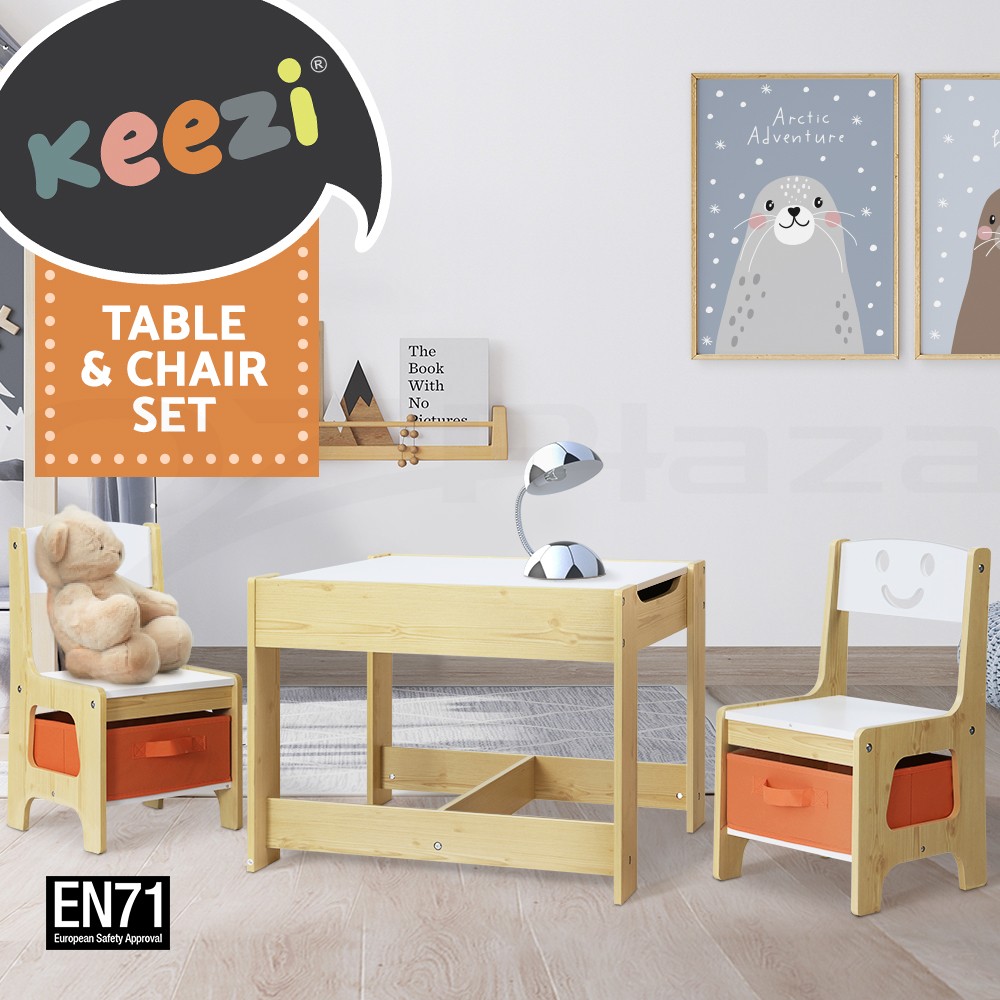 Keezi Kids Table & Chairs Set 3PCS Chalkboard Desk Storage Box White MDF Modern