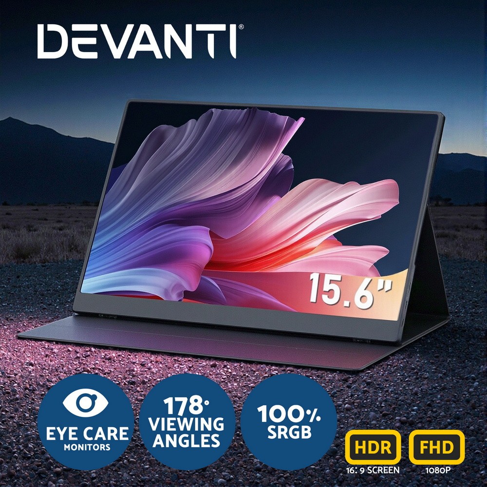 Devanti 15.6 Inch Portable Monitor FHD 1080P IPS USB-C HDMI HDR Speakers Black