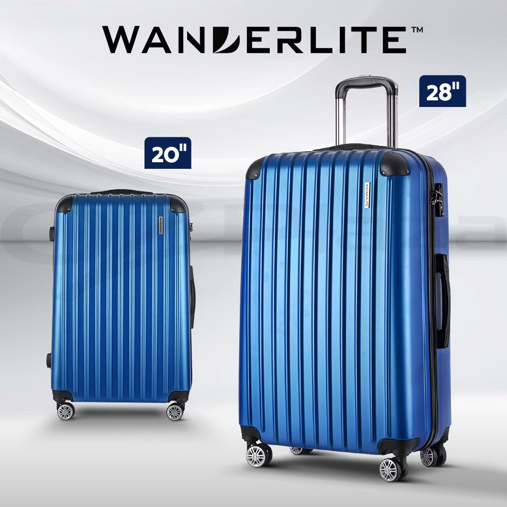 Wanderlite 2pc ABS Hard Shell Luggage Trolley Set Carry 20 28 TSA Spinner Blue