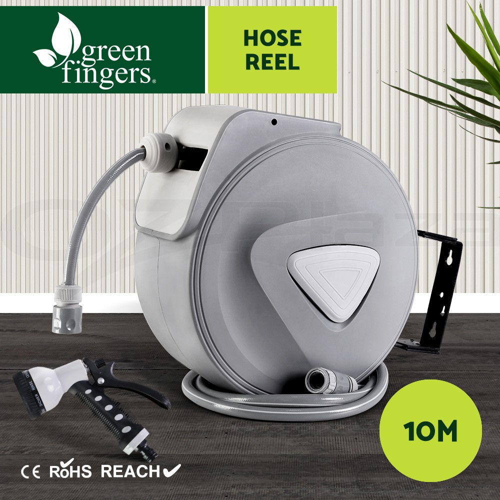 Green Fingers 10M Retractable Hose Reel Wall Mounted Auto Rewind Spray Gun Grey
