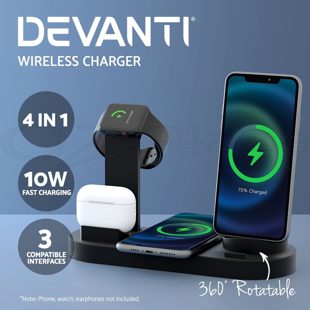 Devanti 4-in-1 Wireless Charging Station Phone Airpods iWatch Black 10W Magnetic