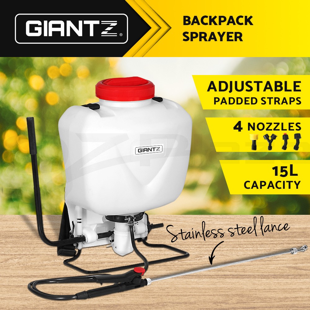 Giantz Weed Sprayer 15L Backpack 145psi 760mm gun 4 nozzles White Red Pesticide