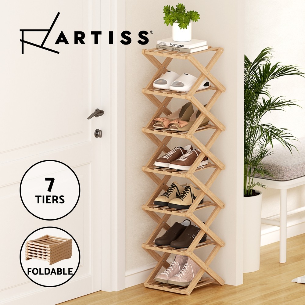 Artiss 7 Tier Foldable Bamboo Shoe Rack Organizer Entryway Storage Shelf 104 cm