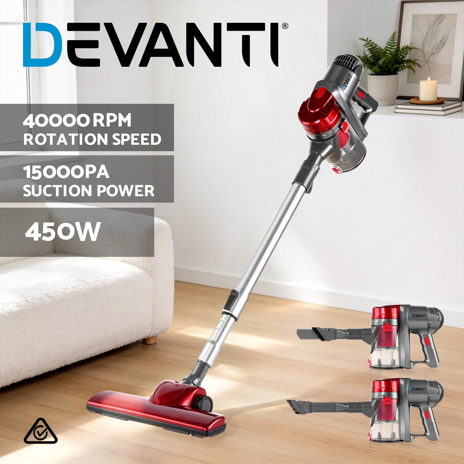 Devanti Corded Stick Vacuum Cleaner 450W Bagless Handheld 15000Pa 0.5L 2-in-1