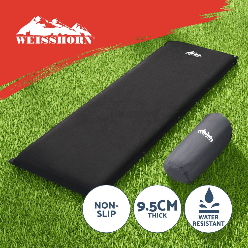 Weisshorn Self Inflating Mattress 9.5CM Camping Suede Polyurethane Foam Black