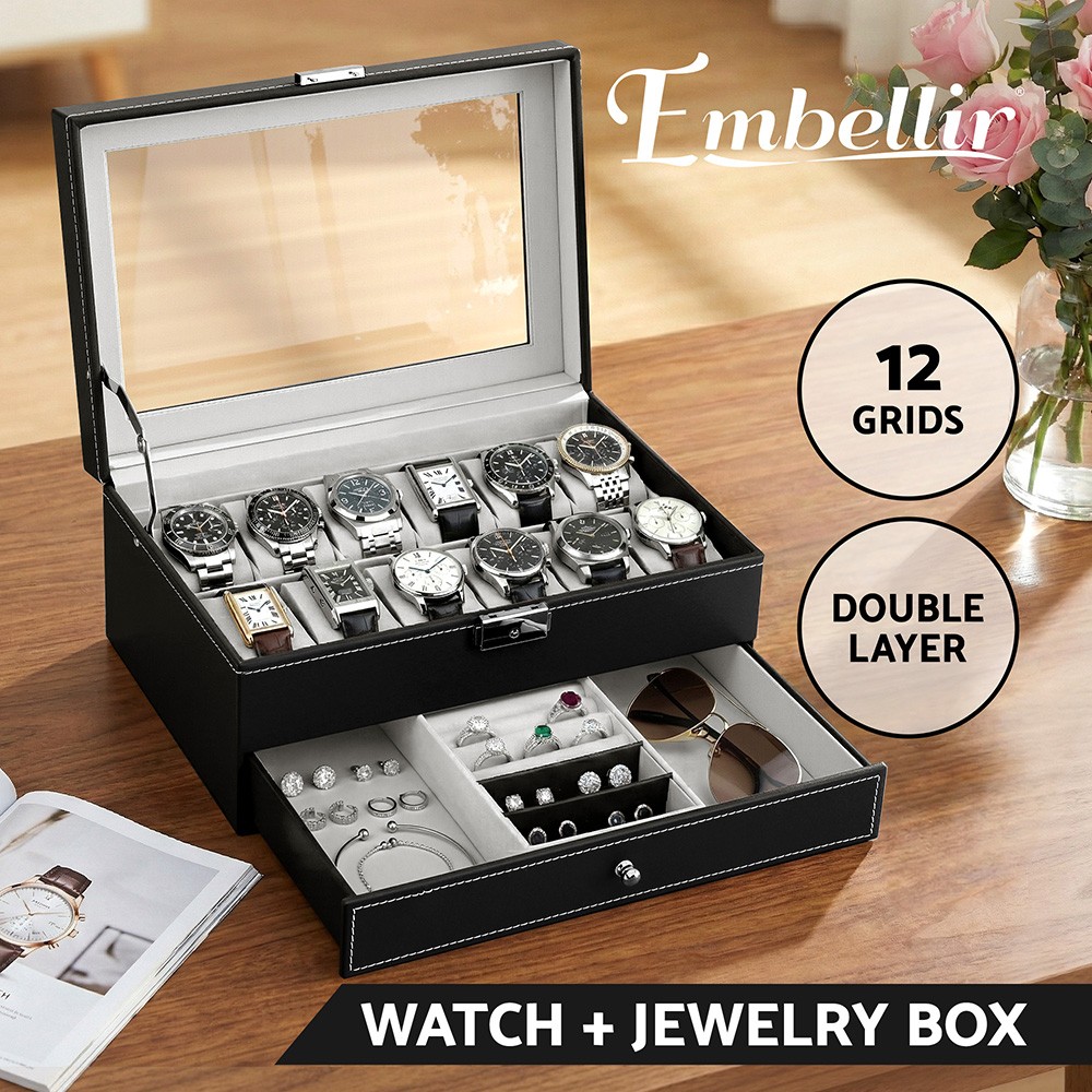 Embellir 12 Grids Watch Box Organizer Two-tier Black Faux Leather 30 x20x13cm