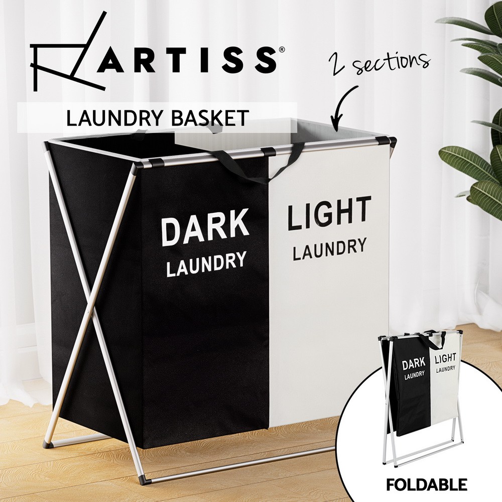 Artiss Laundry Basket Hamper 2 Sections Foldable 59cmx37cmx59cm White Black