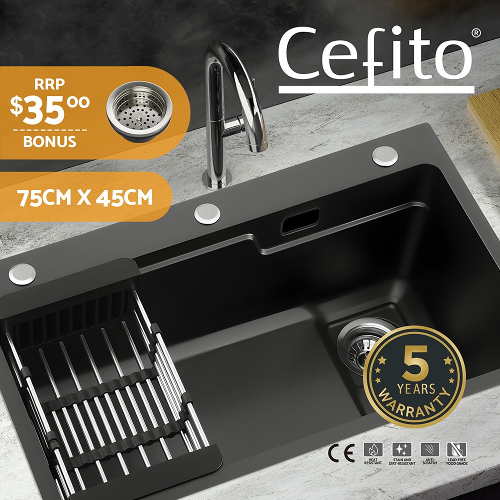 Cefito Kitchen Sink Basin 304 Stainless Steel 750X450MM Black Under Mount Waste