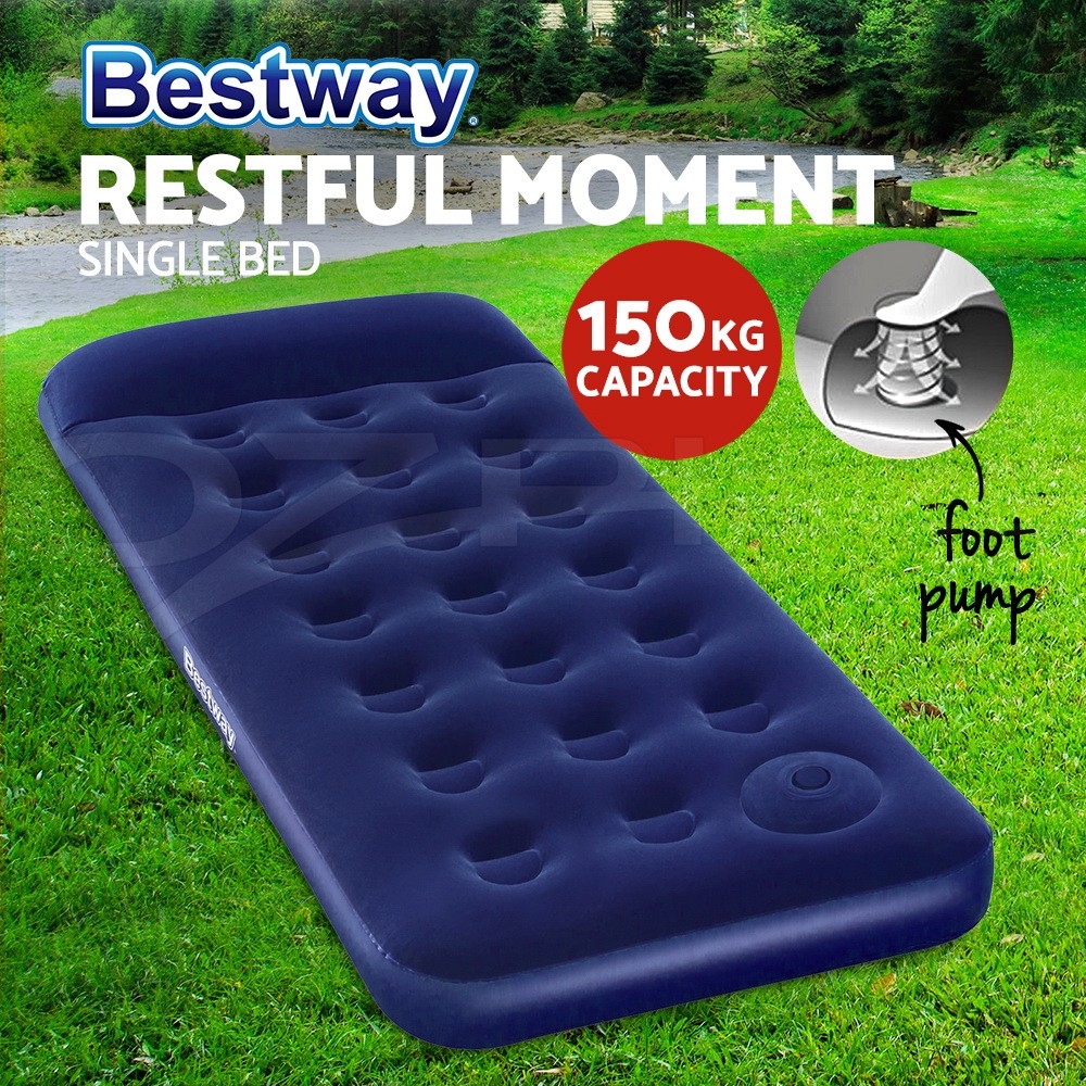 Bestway Single Inflatable Air Bed Mattress Navy Flocked Surface Foot Pump 150KG