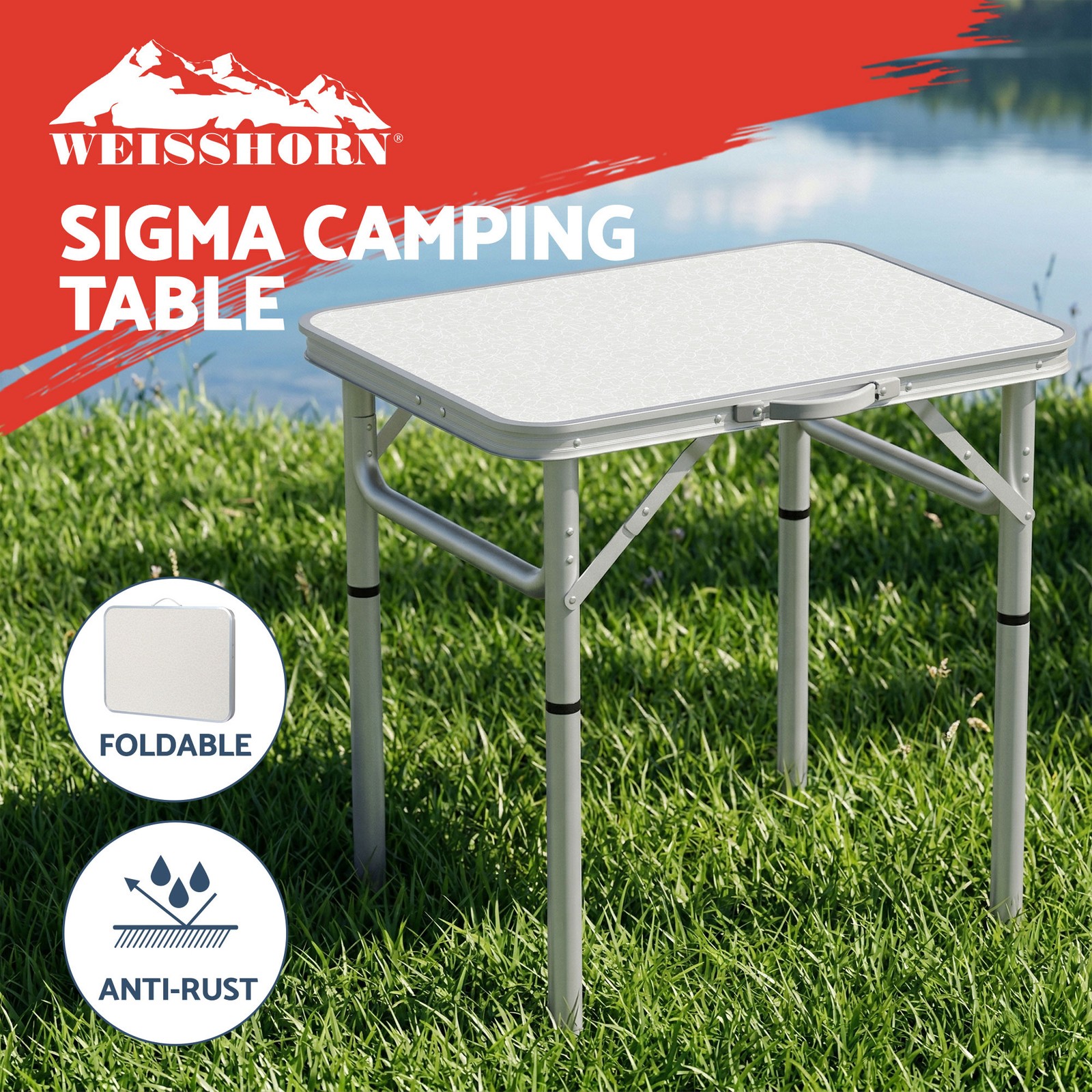 Weisshorn Sigma Folding Camping Table Adjustable Portable 60CM Silver Aluminum