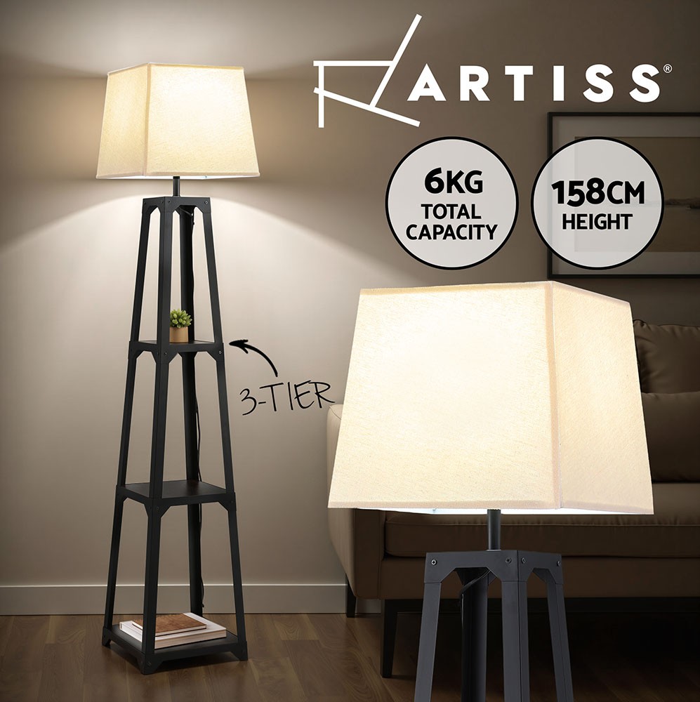 Artiss Floor Lamp 3 Tier Shelf Storage LED E27 60W Foot Switch 158cm Black