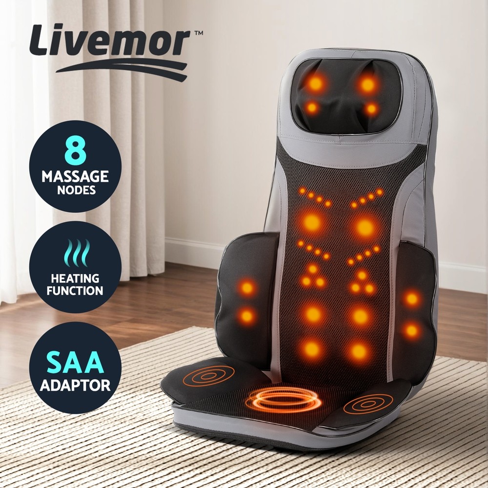 Livemor Full Back Massage Cushion Heating Kneading Black Six Auto Modes 30W