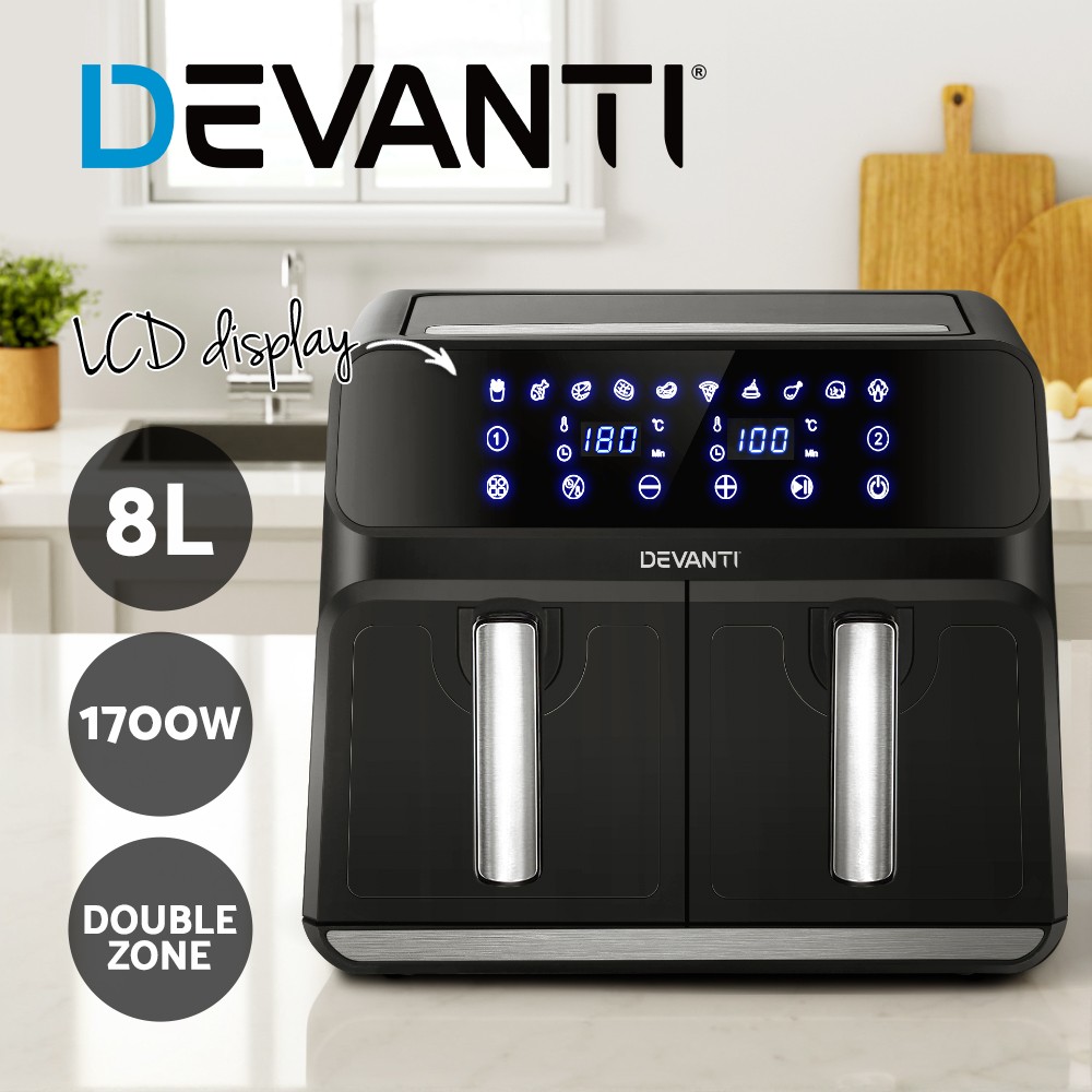 Devanti Air Fryer 8L Dual 4L Baskets LCD 1700W Black Stainless Steel 60C-200C