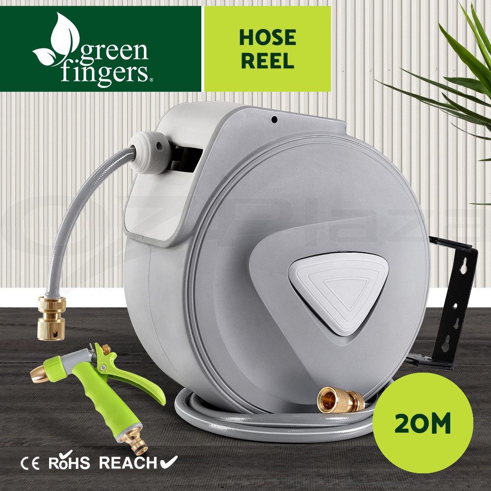 Green Fingers Retractable Hose Reel 20m Wall Mounted Auto Rewind Brass Spray Gun