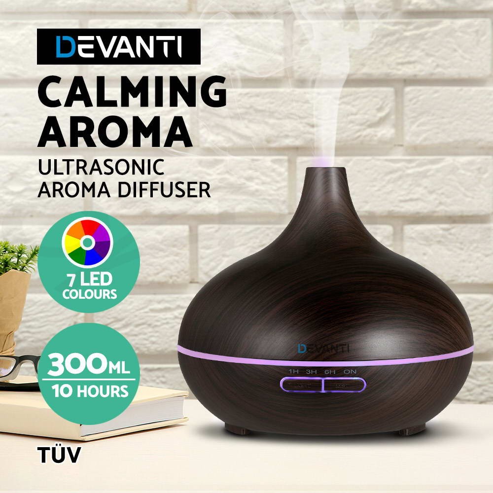 Devanti Aromatherapy Diffuser 300ml Ultrasonic Oil Humidifier Dark Wood LED