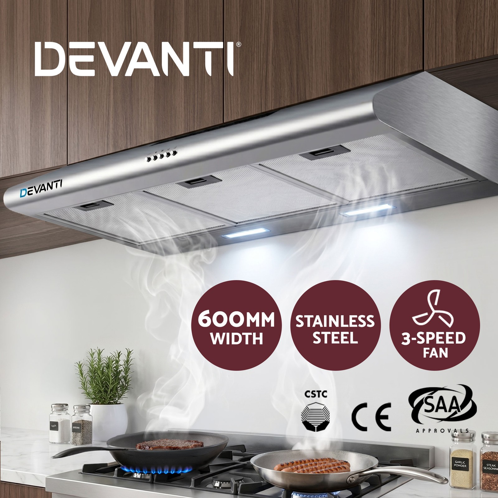 Devanti Rangehood 900mm RH-D-F49-90-SR Wall-Mounted Stainless Steel 3-speed LED